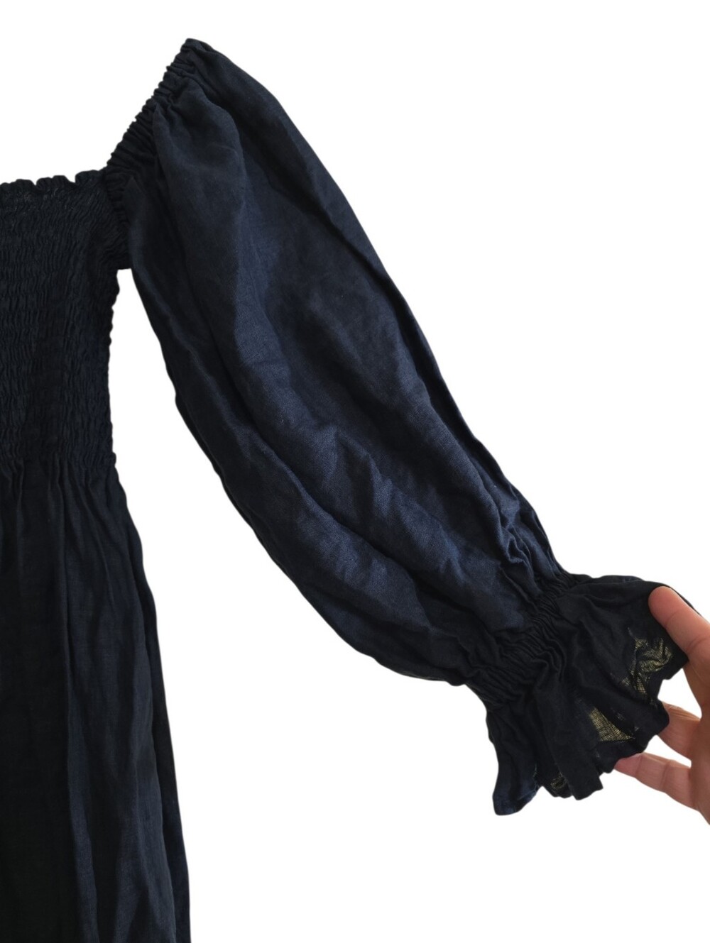 Sleeper Atlanta Linen Midi Dress In Navy Large Smocked Bodice - Picture 8 of 12